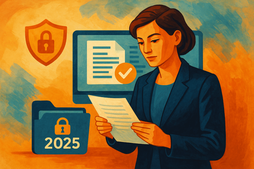 una dona che legge la normativa sulla conservazione sostitutiva