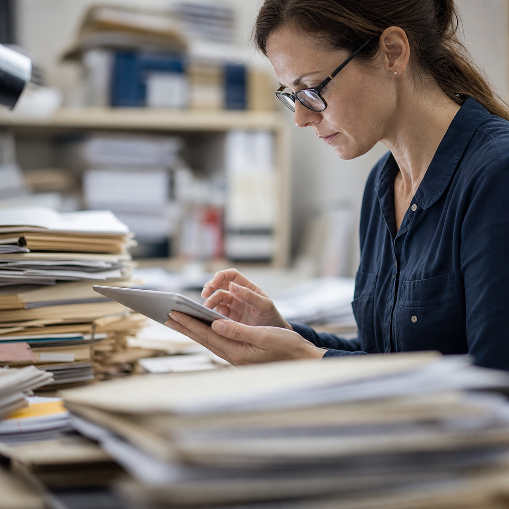 donna circondata da documenti cartacei, visualizza un documento sul tablet. L'immagine trasmette degli archivi non strutturati che vanno riordinati e catalogati.