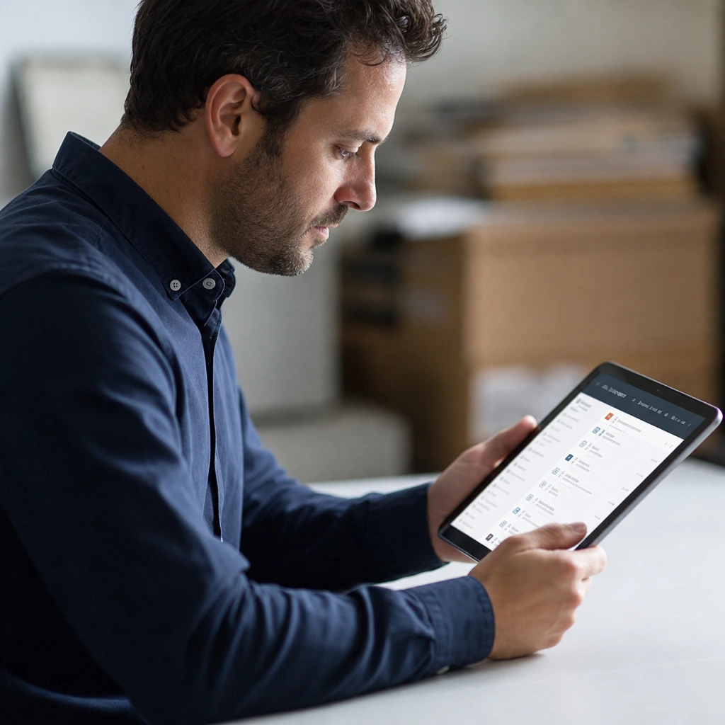 uomo che visualizza dei un elenco dal suo tablet. I documenti sono stati prima attentamente catalogati e poi digitalizzati.