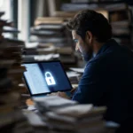 uomo circondato da fascicoli cartacei, visualizza dei documenti con dati personali e c'è un lucchetto che sta a indicare che c'è una limitazione dei tempi di conservazione dei documenti con dati sensibili.