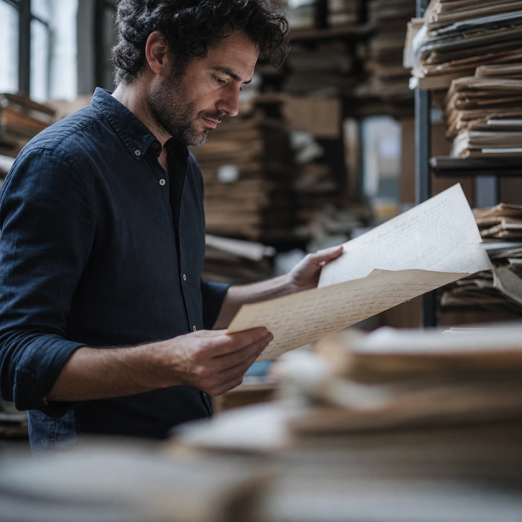 uomo che controlla delle pratiche cartacee. Bisogna sempre controllare attentamente che non siano scaduti i termini di conservazione dei documenti.