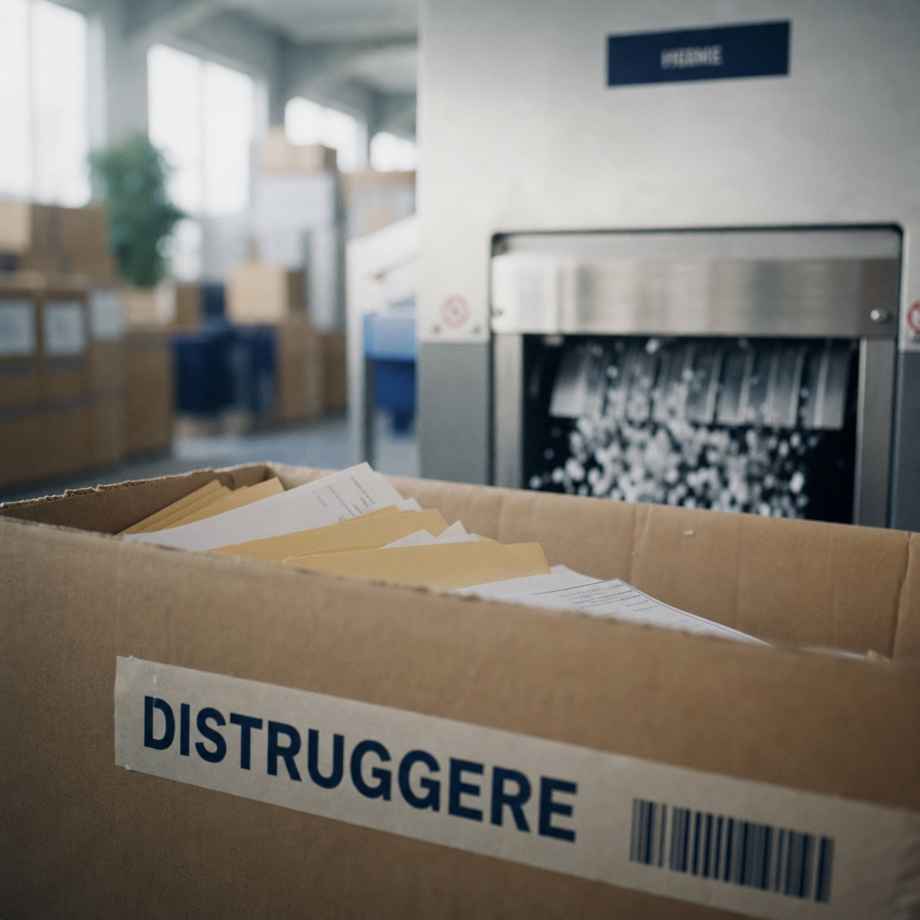 Uno scatolone contenente i documenti da distruggere è aperto mentre un trituratore ha già iniziato il processo di distruzione per rendere la documentazione illeggibile e irrecuperabile.
