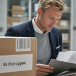 Un uomo visualizza un elenco dei documenti da distruggere. Attorno a lui sono già stati preparati degli scatoloni con i documenti da distruggere corredati di dicitura ed etichetta barcode identificativa.