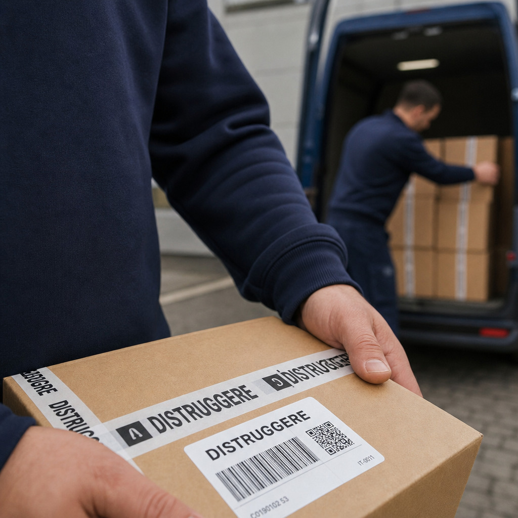 due operatori prendono gli scatoloni identificati come contenti materiale da distruggere e li caricano su un furgone per il trasporto fino al luogo della distruzione.