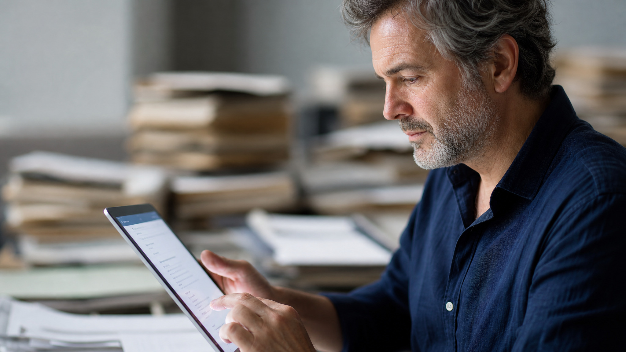uomo seduto alla scrivania, con il tablet in mano che prepara i documenti che possono essere proposti per lo scarto.