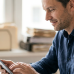 Un uomo consulta delle informazioni sul suo tablet. Attorno a lui c'è un archivio ordinato a dimostrare che è tranquillo dopo aver affidato a Insaid la distruzione certificata dei documenti.