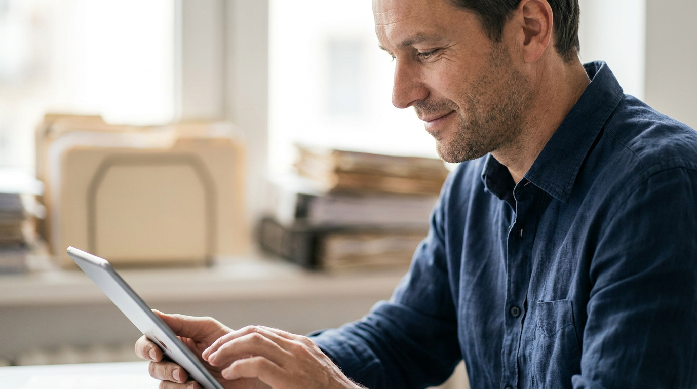 Un uomo consulta delle informazioni sul suo tablet. Attorno a lui c'è un archivio ordinato a dimostrare che è tranquillo dopo aver affidato a Insaid la distruzione certificata dei documenti.