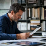 Un uomo seduto alla scrivania e circondato da scaffali di archivi, controlla dei documenti cartacei per fare delle verifiche di conservazione.